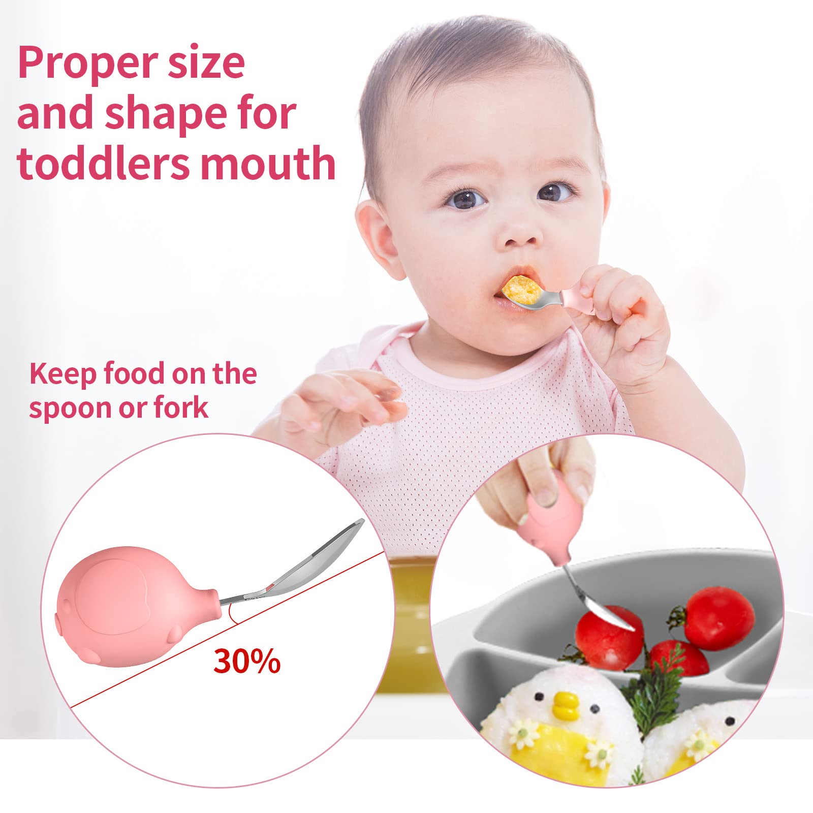 Deejoy Toddler Utensils, Toddler Spoons and Forks, Stainless Steel Spoon Toddler Silverware Set, Kids Silverware Self Feeding Fl